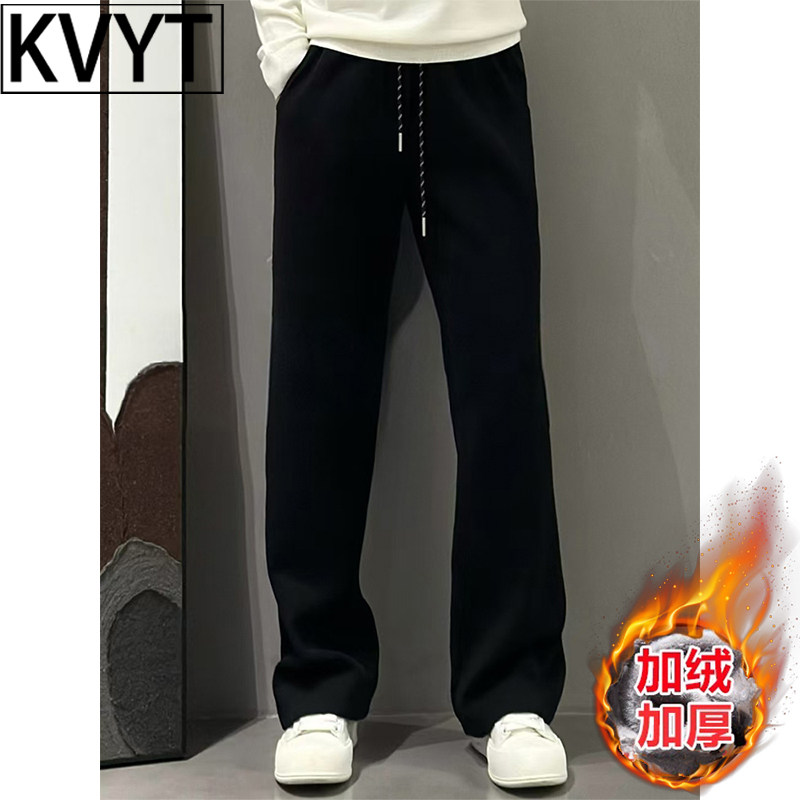潮牌加绒卫裤男士时尚运动老钱风裤子秋冬新款加厚阔腿弯刀裤男款