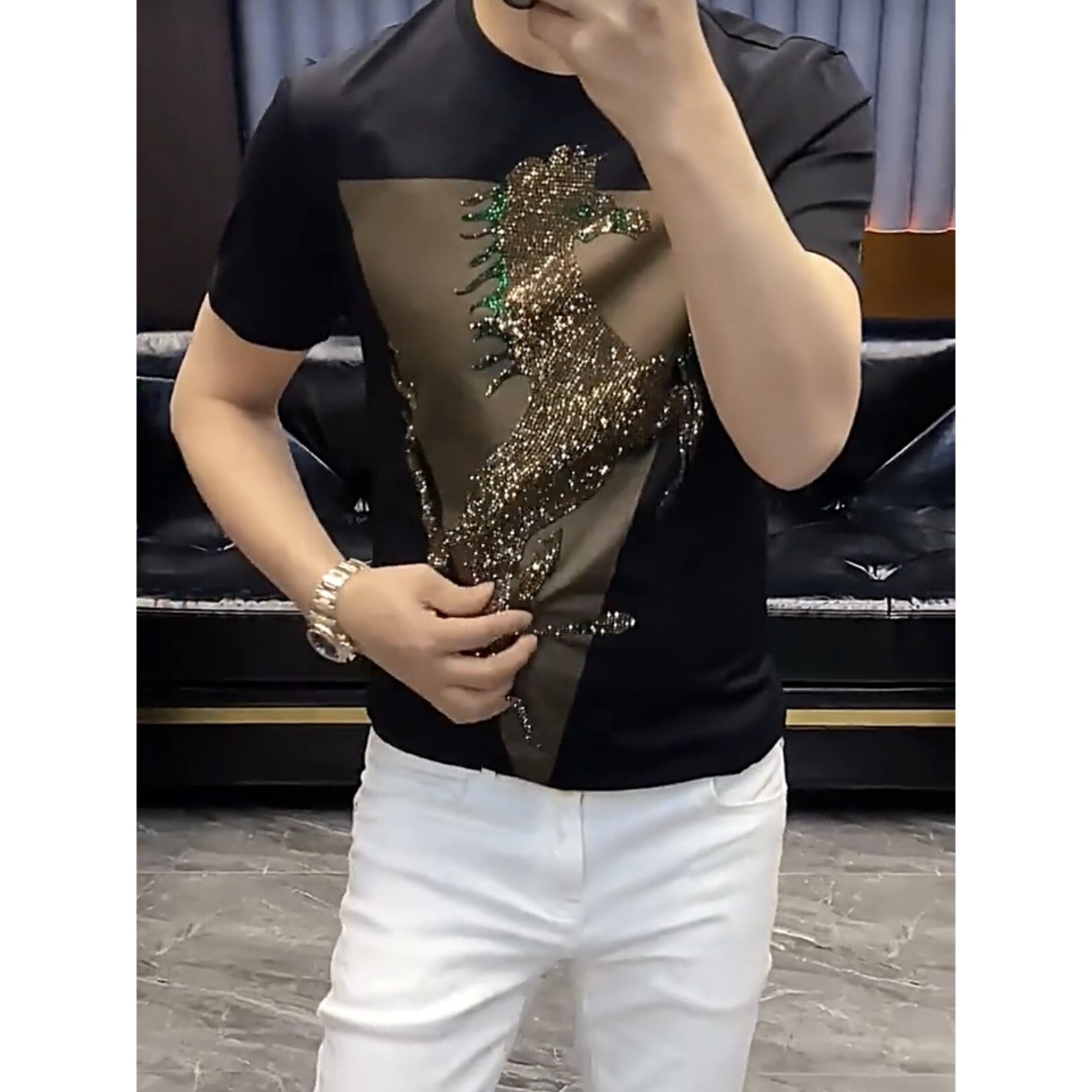 高端丝光棉烫钻短袖t恤男夏季潮牌修身弹力圆领休闲百搭半袖上衣