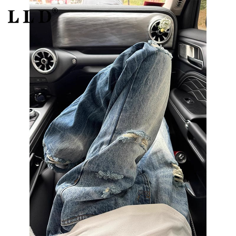 高端闪电纹蓝色牛仔裤男夏季薄款潮牌破洞裤高街宽松微喇阔腿长裤