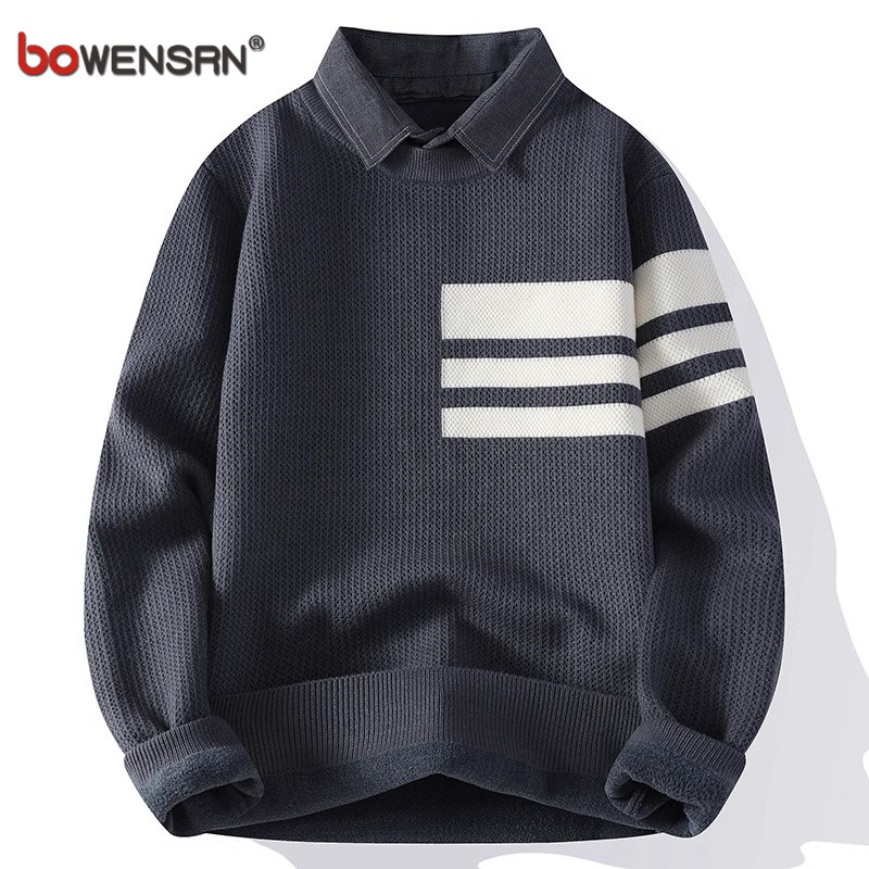 高端假两件毛衣男士秋冬季2025新款潮流衬衫领条纹针织打底衫男款