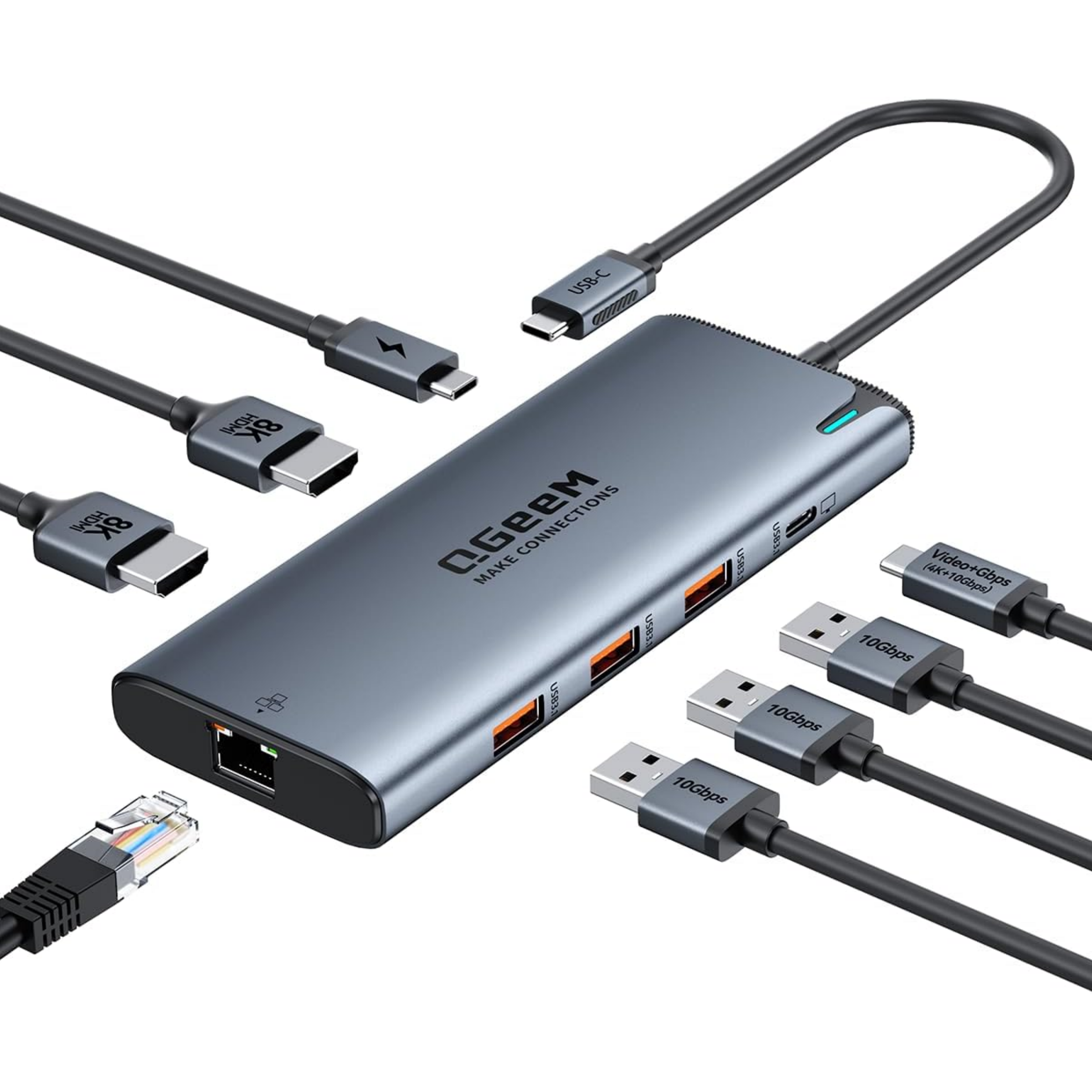 TYPE C hub QGEEM 8合1数据传输手机电脑投屏电视双HDMI+3*USB A