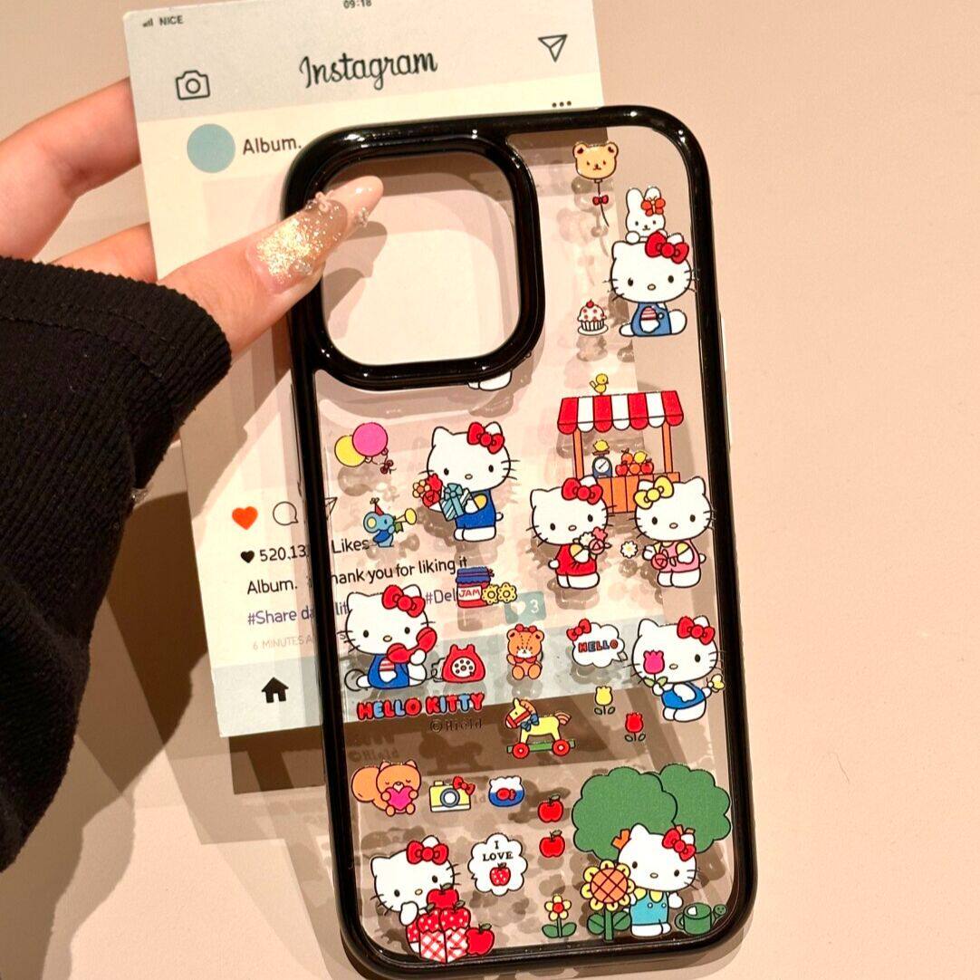 可爱米奇米妮KT猫透明壳适用于苹果16promax黑框手机壳iPhone17Pro卡通15plus彩绘14/13/12/11亚克力保护壳