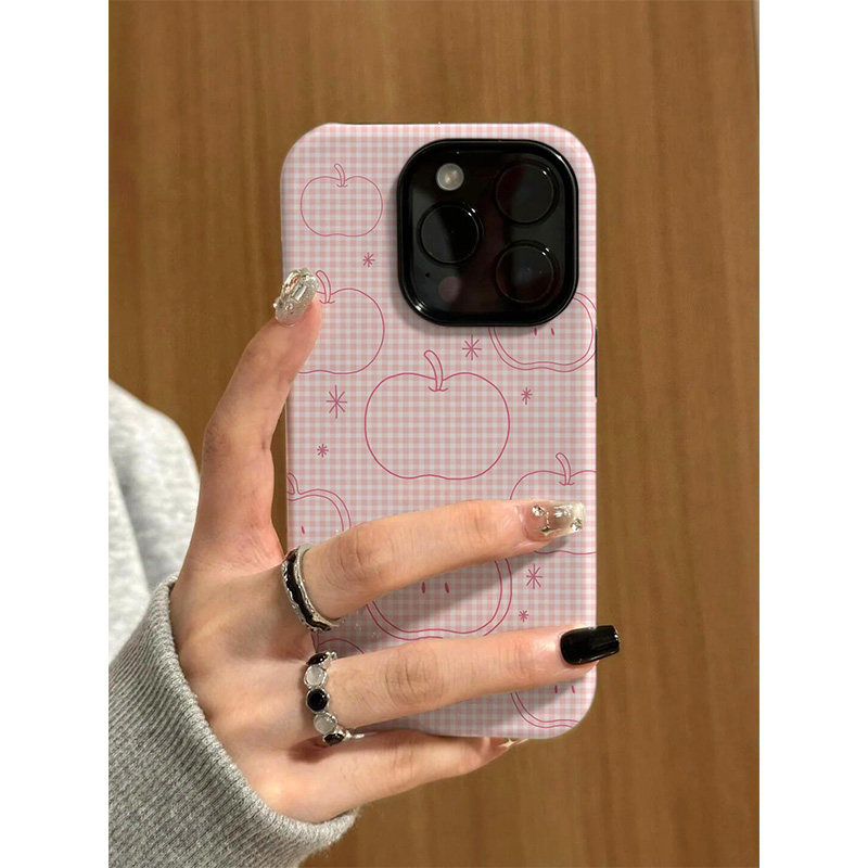 粉格线条苹果适用苹果16ProMax手机壳iPhone17Pro硬壳15plus菲林壳14/13/12二合一简约7/8P女防摔磨砂保护套