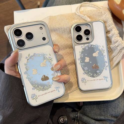 韩系碎花小兔镜面银框iPhone壳