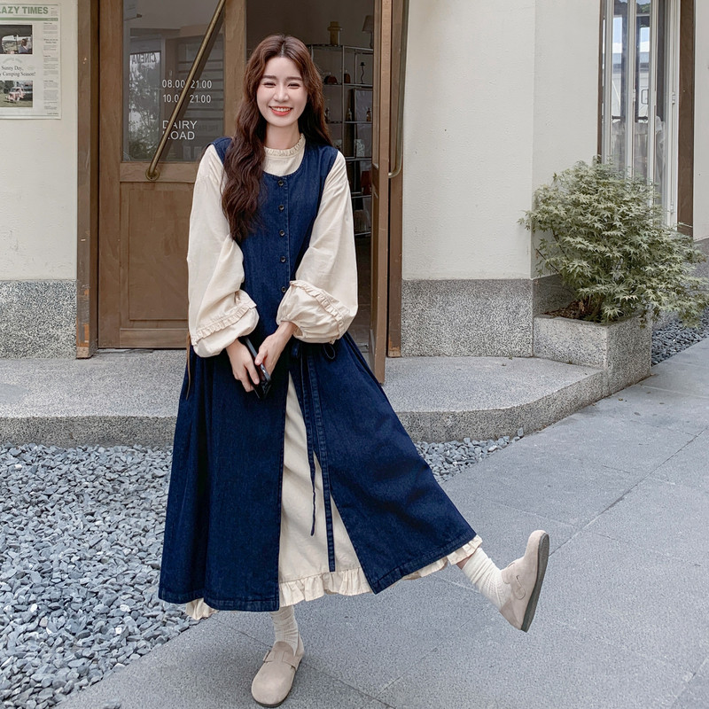 慵懒感减龄套装女2025秋季新款韩版设计感牛仔罩衫背心裙两件套,女装套装/套裙,2C251