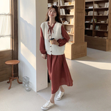 温柔风休闲法式马甲连衣裙立领气质2025新款春秋女长裙名媛两件套，女装套装/套裙，2C251