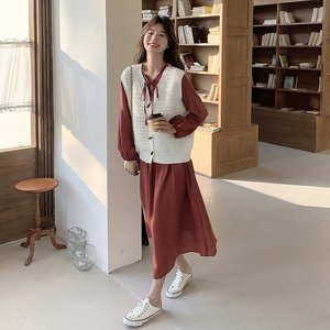 温柔风休闲法式马甲连衣裙立领气质2025新款春秋女长裙名媛两件套图片