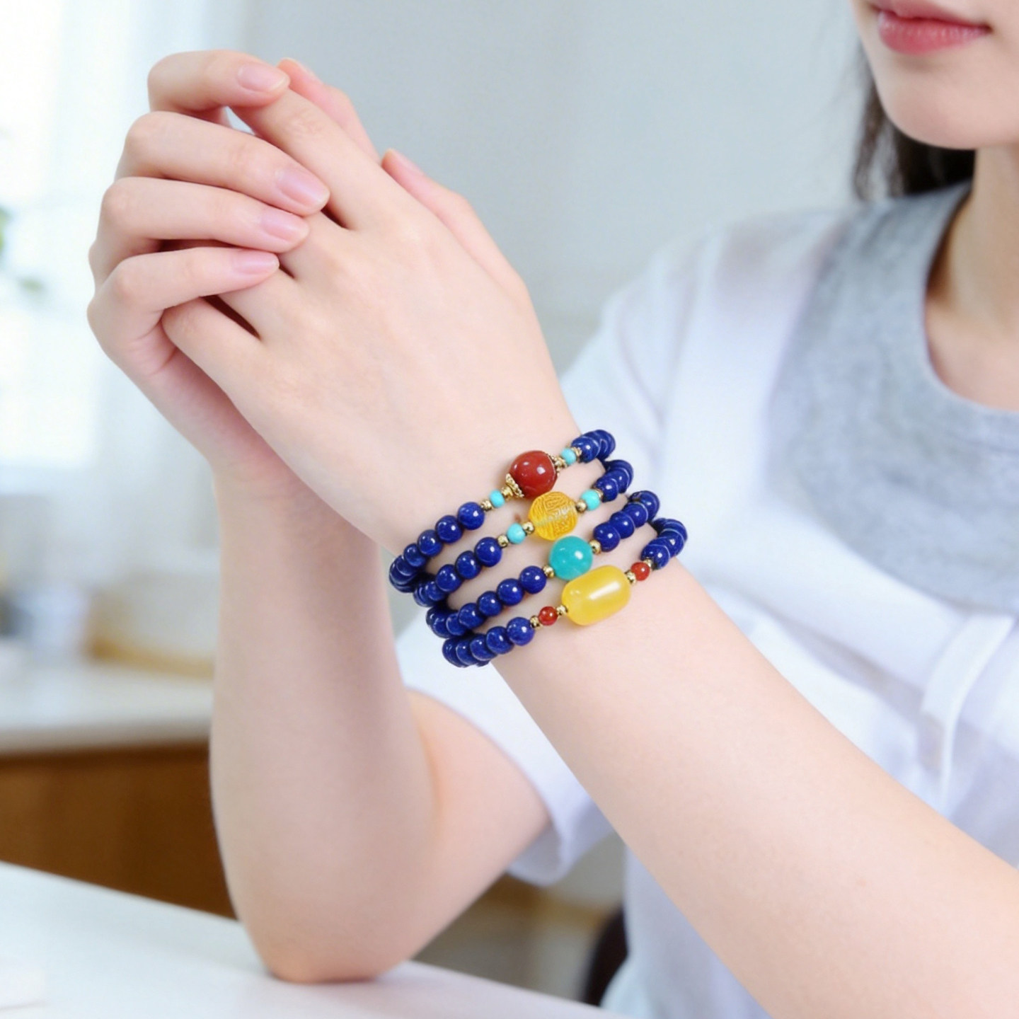 天然青金石108颗手串新中式配蜜蜡南红玛瑙古风百搭转运手链首饰