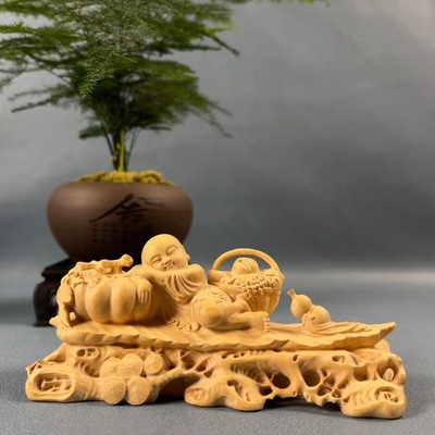 黄杨木雕大丰收好年头摆件实木家居办公室装饰招财五谷丰登工艺品