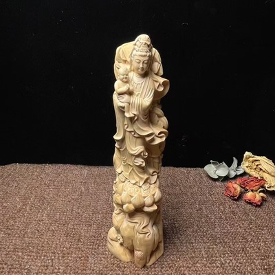 黄杨木雕送子观音工艺品实木家居佛像摆件早生贵子家用供奉站立
