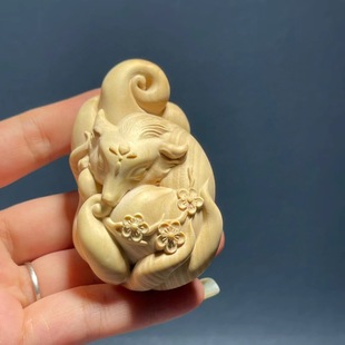 小叶黄杨木雕灵狐手把件挂件九尾狐狸文玩汽车后视镜装饰青丘白狐