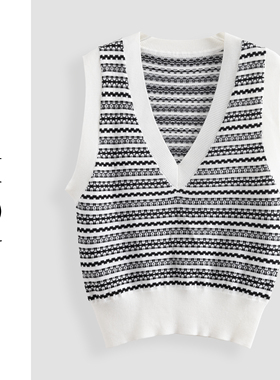 白夹黑V领设计感条纹时尚马甲-18323