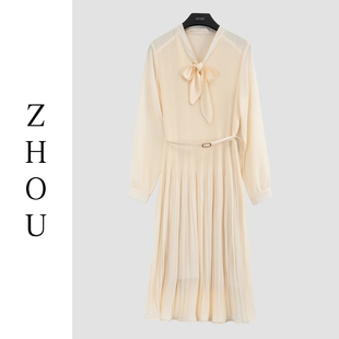 米色通勤长袖气质连衣裙-21240