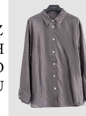 灰色宽松轻薄长袖衬衫-16211