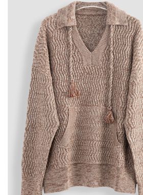 咖色宽松V领针织卫衣-18719