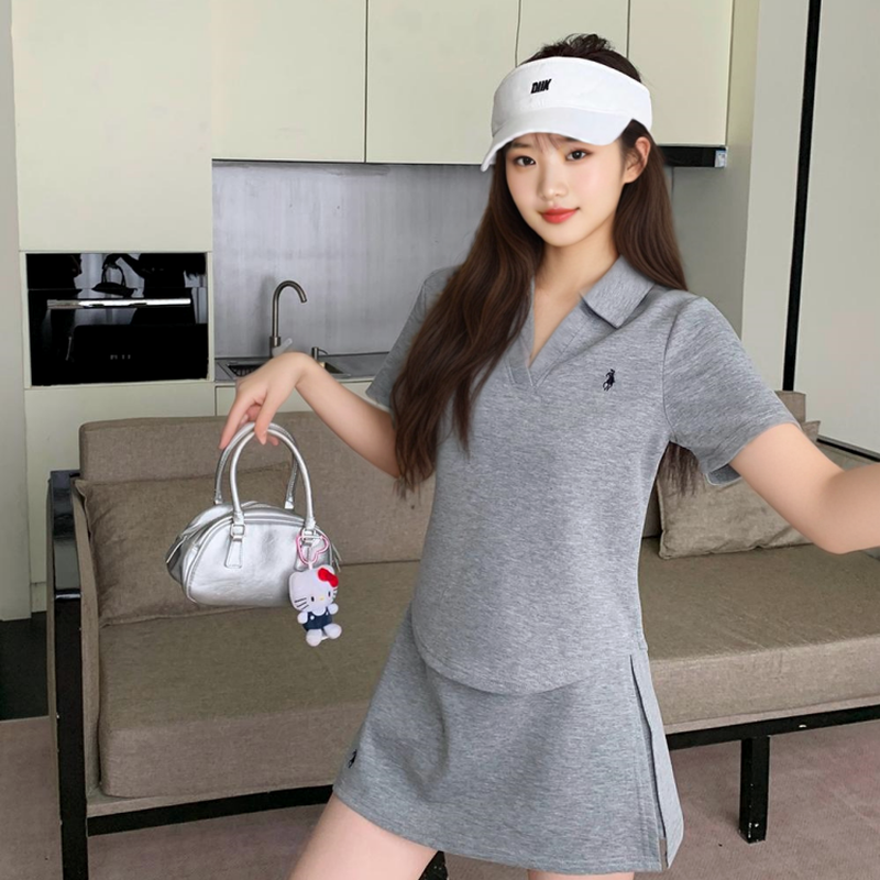 2025夏季新款韩版时尚翻领短袖T恤+松紧腰短裤裙休闲两件套装女,女装/女士精品,时尚套装,淘宝优惠券,粉丝福利购,淘宝优惠卷