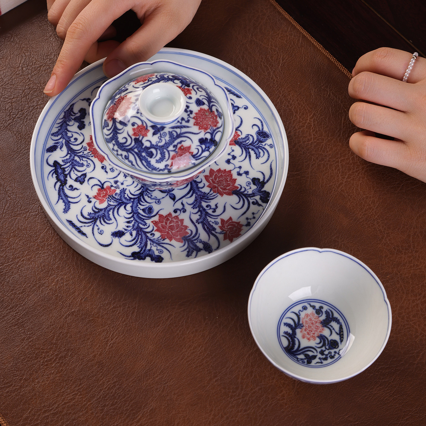 沐茗古韵青花釉里红千秋万代盖碗茶杯整套茶具景德镇高端礼品瓷器
