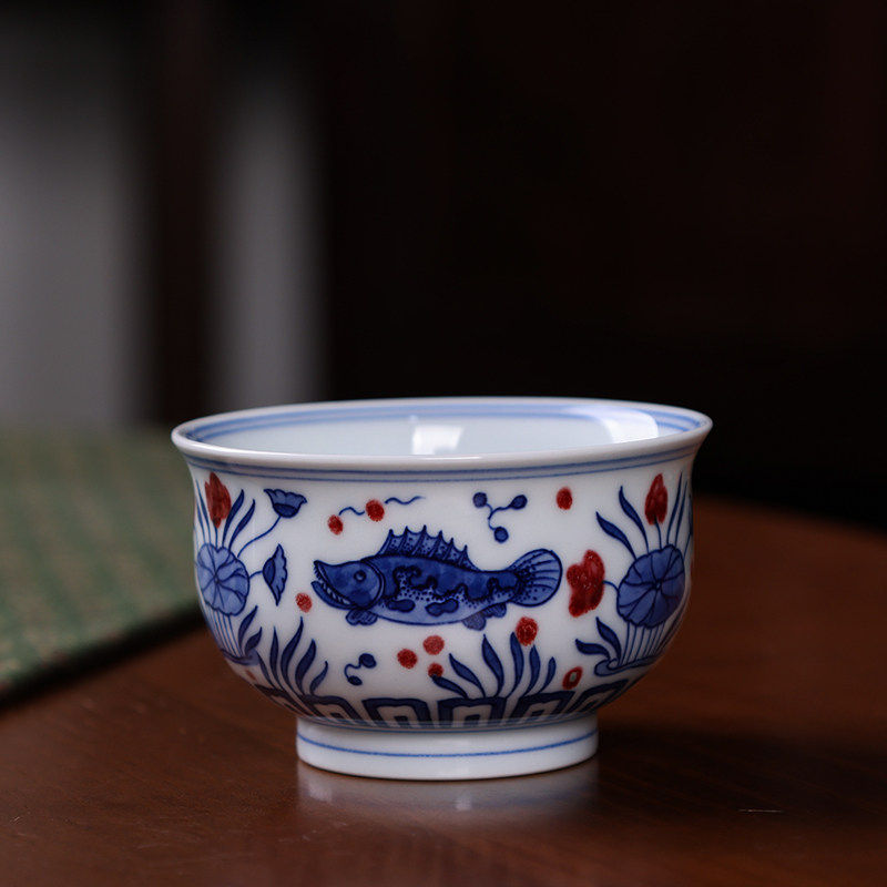 沐茗窑青花釉里红鱼藻纹如是杯大号个人杯单杯景德镇功夫茶主人杯