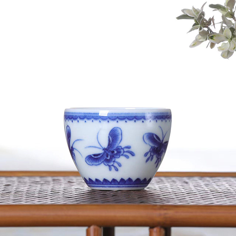沐茗窑青花瓷茶杯迷你款蝴蝶杯小号纯手工景德镇陶瓷功夫茶主人杯