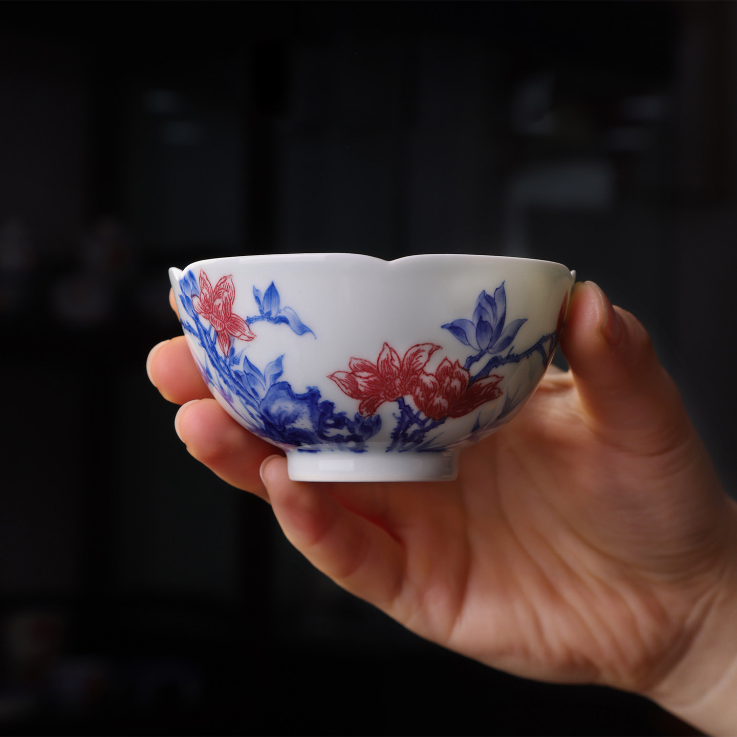 沐茗古韵青花釉里红玉兰花葵口杯景德镇纯手工高端功夫茶具主人杯
