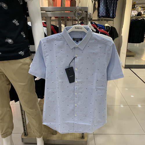Baleno商务休闲鱼骨波点短袖衬衫