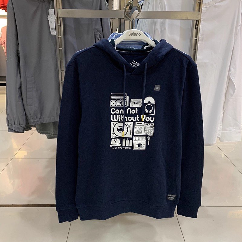 正品班尼路秋季男装纯棉休闲港风潮流连帽薄绒创意印花卫衣男上衣