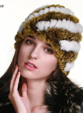 丹索DENISO秋冬针织皮草帽手工编织加厚保暖帽 獭兔毛帽子DS-1181