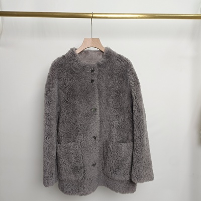 品牌女装冬日慵懒羊羔毛中长款立领全羊毛皮毛一体毛毛外套灰色女