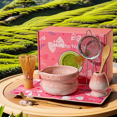 日式抹茶茶具8件套樱花粉色陶瓷茶筅茶勺茶道礼盒装 Matcha Set