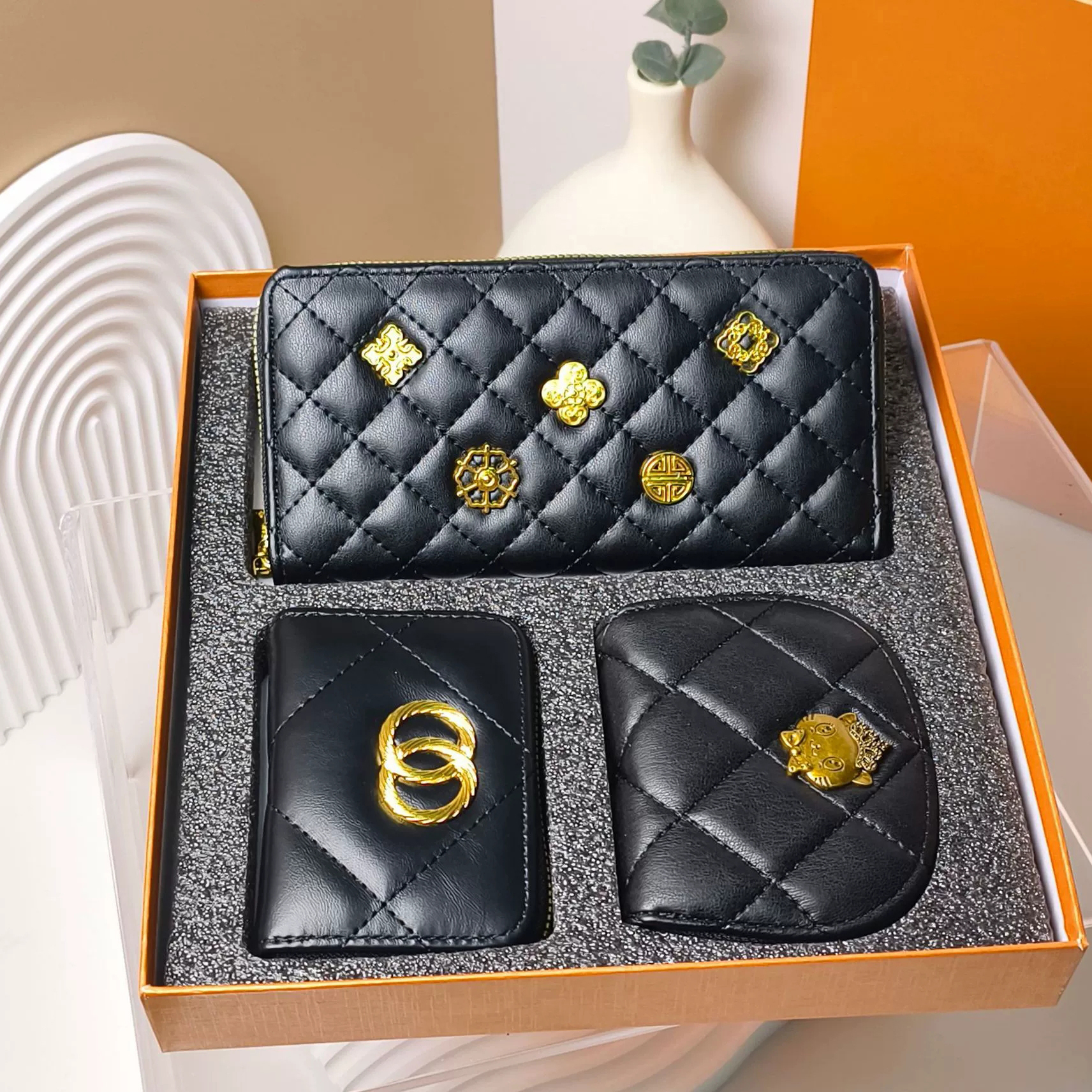 欧美女大容量长款钱包3件套礼盒装拉链证件钥匙包多层PU零钱卡包