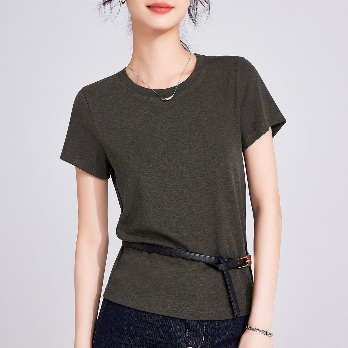 兰精莫代尔正肩t恤女2026新款夏装圆领天丝短袖上衣女内搭打底衫