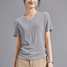 高端凉感垂感三醋酸重磅短袖T恤女2025年夏季圆V领设计正肩体恤衫