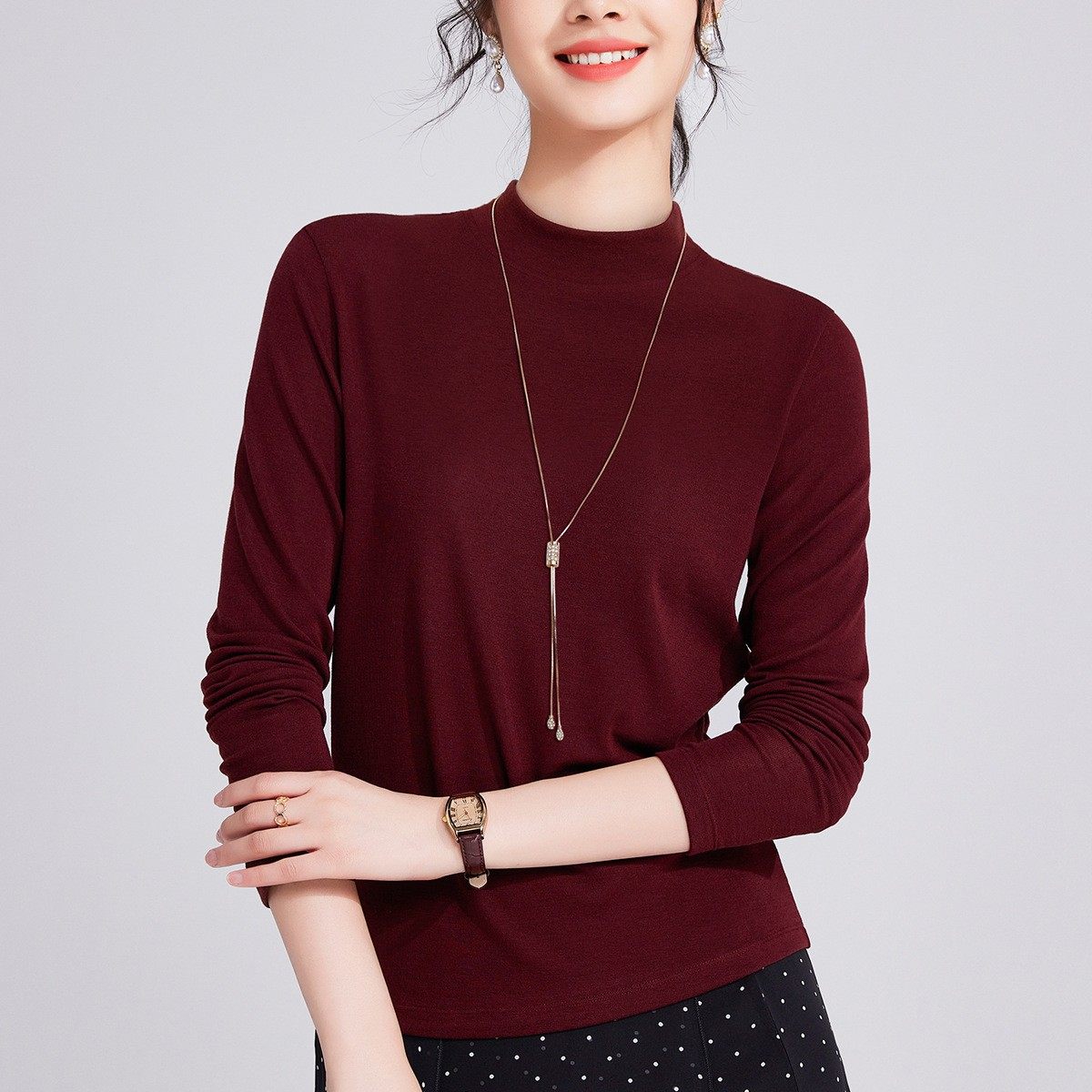 安可拉红半高领莱赛尔天丝面膜长袖T恤女小立领薄款正肩打底衫