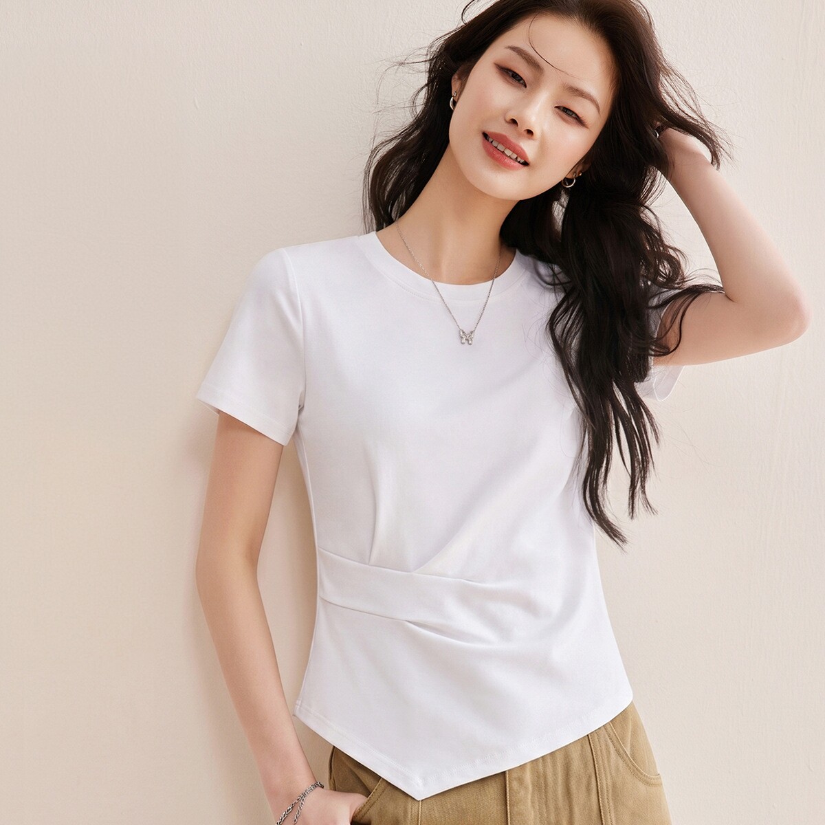 云柔亲肤长绒棉不规则显瘦T恤女