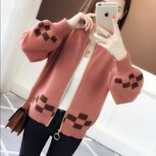 毛衣外套女 拼色外搭针织开衫 短款 宽松灯笼袖 韩版 2019春秋新款 女装