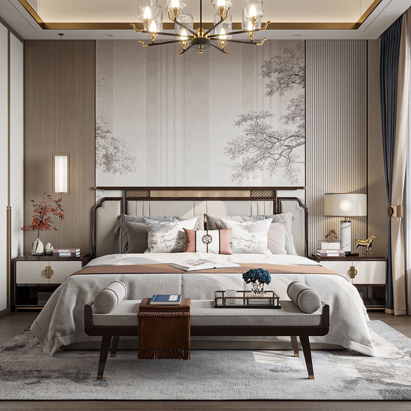 新中式轻奢双人实木床现代简约主卧室婚床样板间白蜡木禅意家具