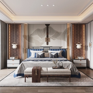 新中式 简约 实木床1.8米布艺主卧室禅意轻奢家具 轻奢床现代中式