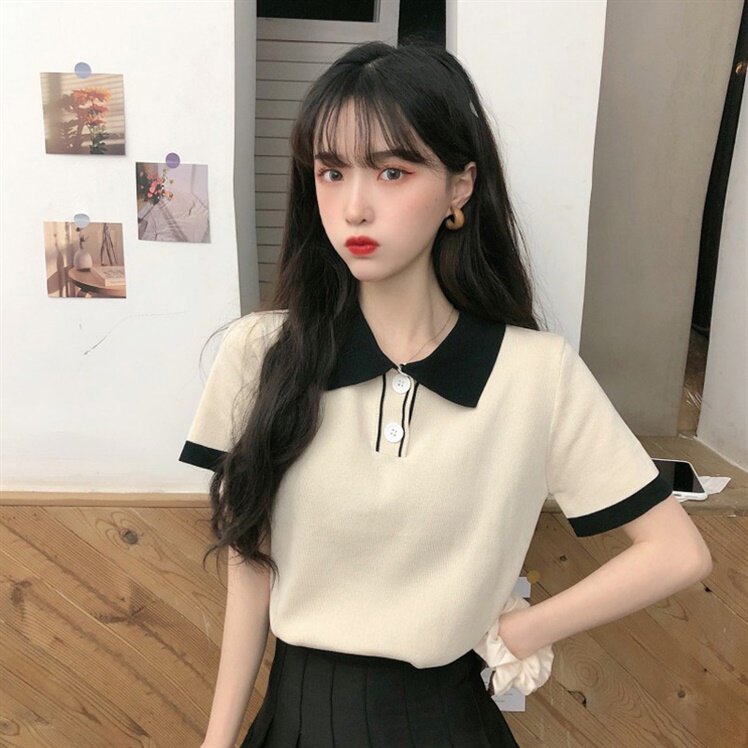 여성용 얇은 니트 반팔 티셔츠 2024 신작 여름 폴로 칼라 대형 지방 MM 짧은 하라주쿠 스타일 탑
