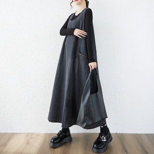 秋冬季新款大码女装文艺范胖mm宽松显瘦遮肉长款牛仔背心连衣裙