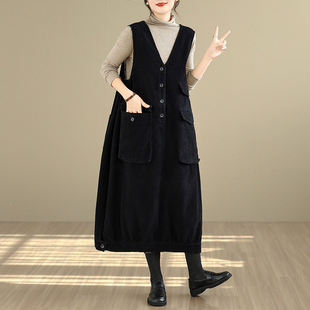 秋冬季大码女装胖mm宽松显瘦大版大口袋全棉水洗灯芯绒长款连衣裙