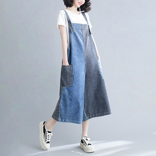 胖妹妹宽松显瘦遮肉撞色减龄阔腿七分牛仔背带裤 韩版 女装 大码 夏季