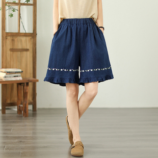 新款 木耳边阔腿5分裤 大码 胖mm文艺松紧腰小清新绣花短裤 女装 夏季
