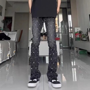 黑色网红男士满天星微喇牛仔裤铆钉镶钻装饰潮流情侣休闲裤微喇裤