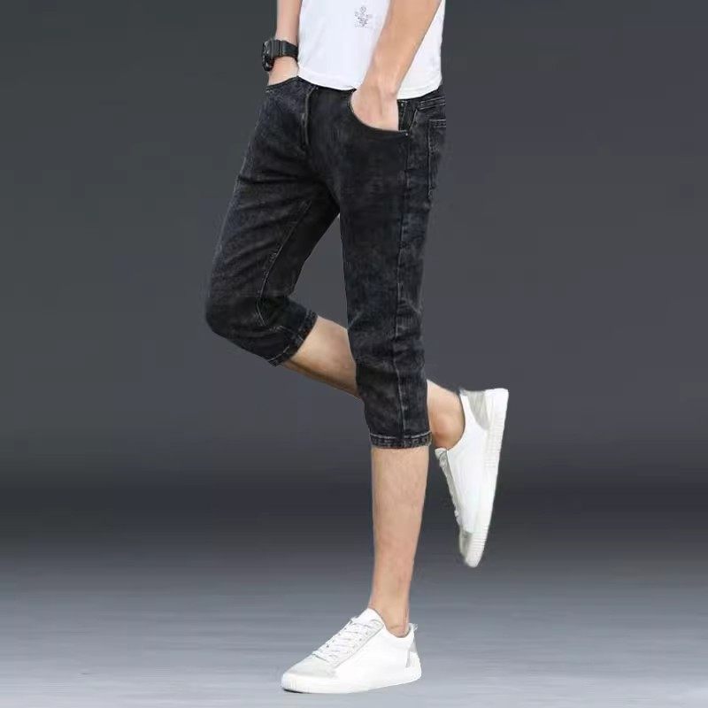 八分牛仔短裤男夏季薄款修身小脚7七分裤子男士休闲中裤潮牌夏天
