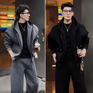 2026春季男士一套装拉链连帽卫衣开衫宽松潮流外套时尚直筒休闲裤
