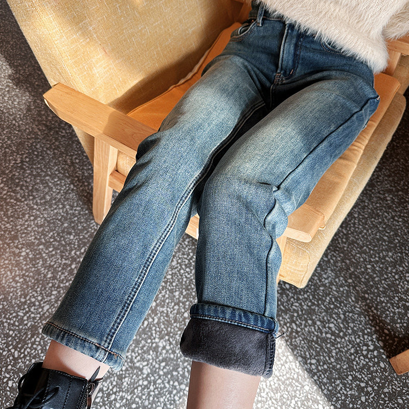 小个子冬季加绒深蓝色高腰直筒牛仔裤女弹力修身烟管裤九分拼色厚