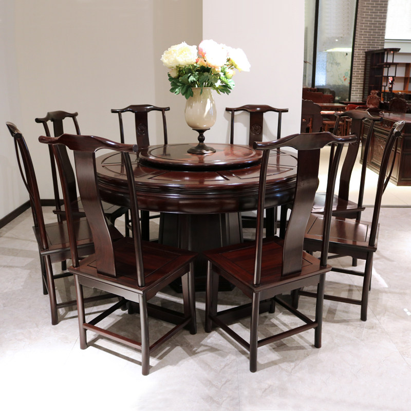 苏格红木家具 东非酸枝木明式圆餐桌椅 1.38米圆桌素面全实木饭桌
