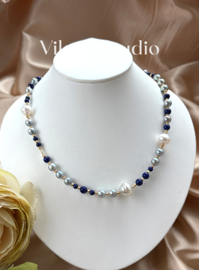 孤品 海水蓝光无调色6-7真多麻干枯金珠青金石纯银设计款锁骨链