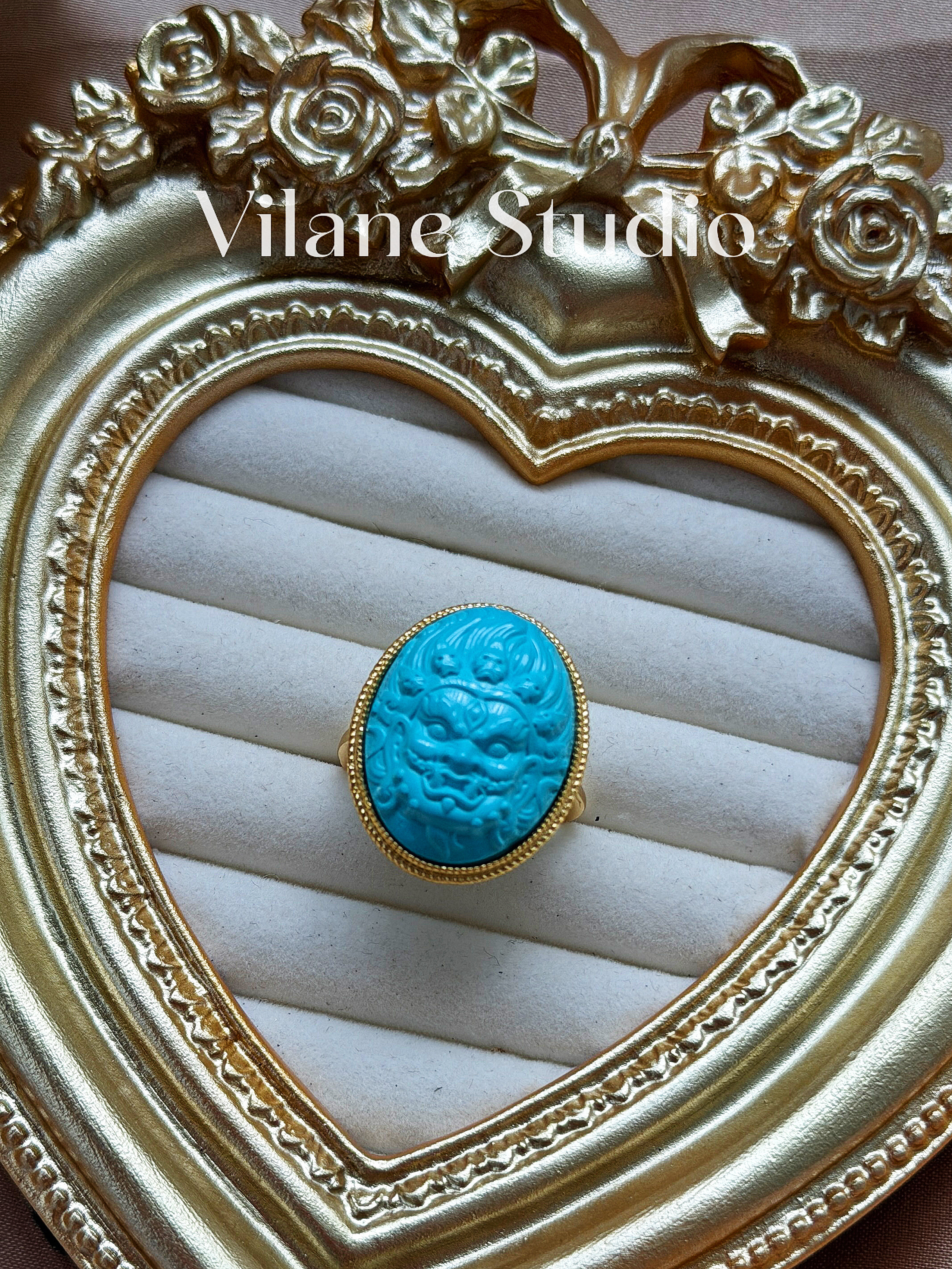 天然原矿绿松石雕刻藏族大护法纯银包边开口蛋面裸石16*20戒指