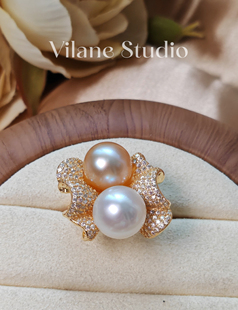 海水珍珠双珠戒指金珠澳白纯银开口戒指